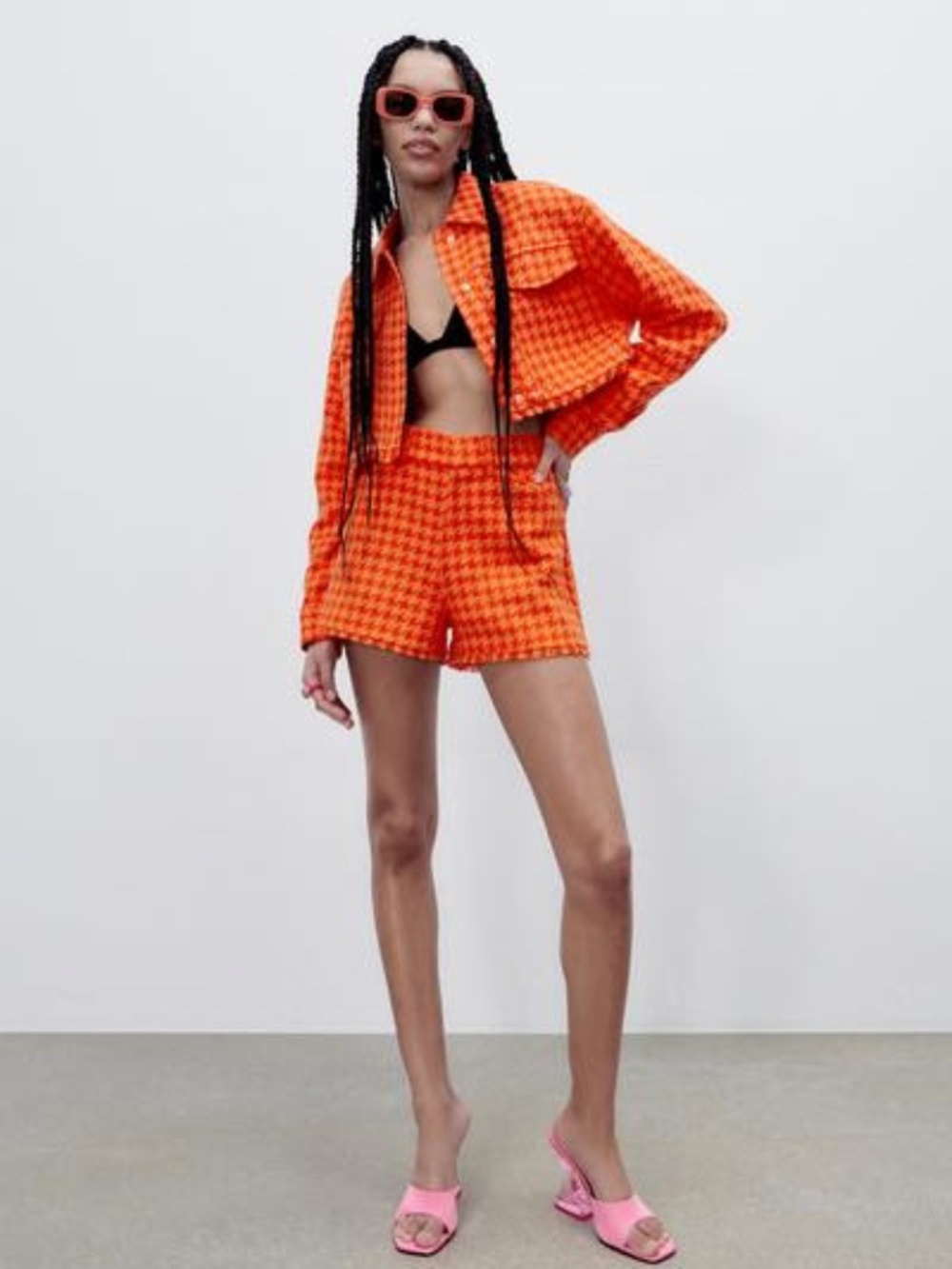 Zara Orange Tweed Crop Jacket Short Set Small